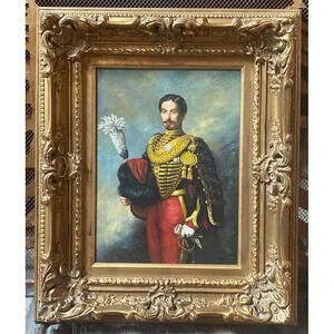 715 - Large Framed Oil Painting European Officer Portrait Signed Ornate Frame
